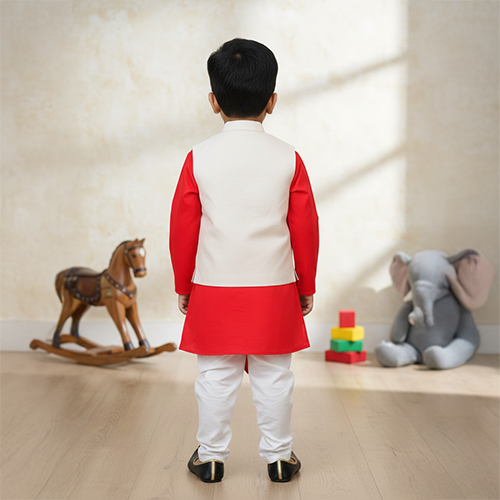 Red Asymmetrical Kurta with White Embroidered Jacket with Pyjama Set