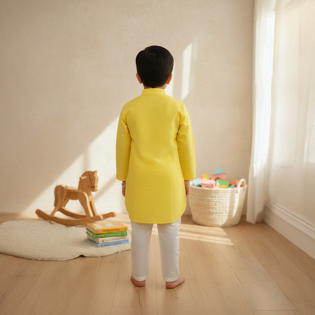 Yellow Dinosaur Embroidery Kurta Pant Set