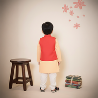 Peach Asymmetrical Kurta with Red Jacket Pant Set