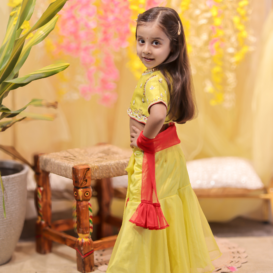 Lime Green Embroidered Top with Fish Cut Lehenga and Dupatta