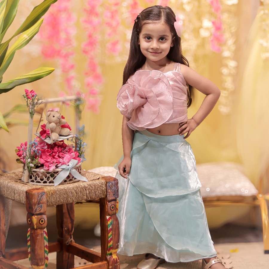 Pink flower embellished top with sky blue layered skirt