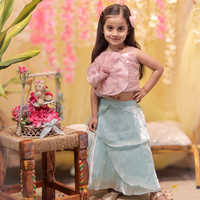 Pink flower embellished top with sky blue layered skirt