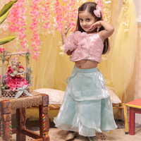 Pink flower embellished top with sky blue layered skirt
