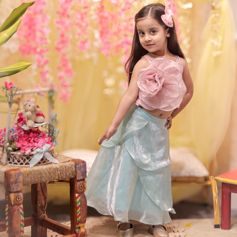 Pink flower embellished top with sky blue layered skirt