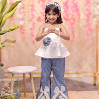 Cute off shoulder top with denim bow embroidered pants