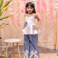 Cute off shoulder top with denim bow embroidered pants