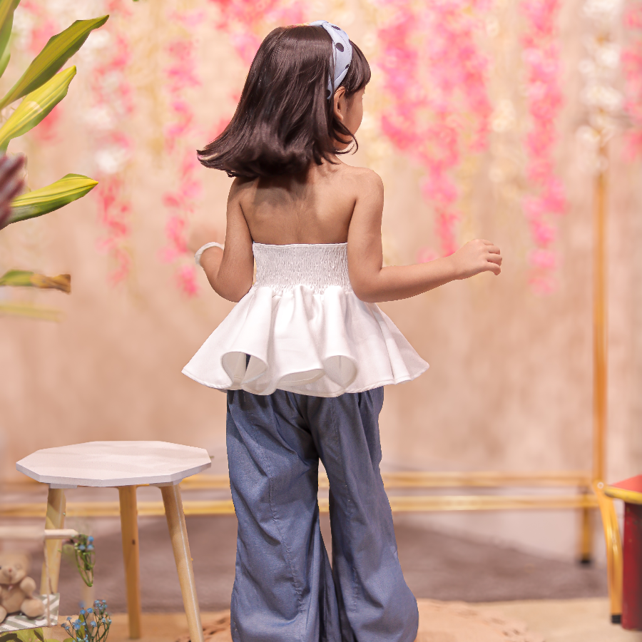 Cute off shoulder top with denim bow embroidered pants