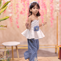 Cute off shoulder top with denim bow embroidered pants