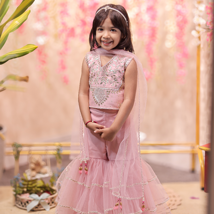 Pink gota embroidery top with sharara and matching dupatta
