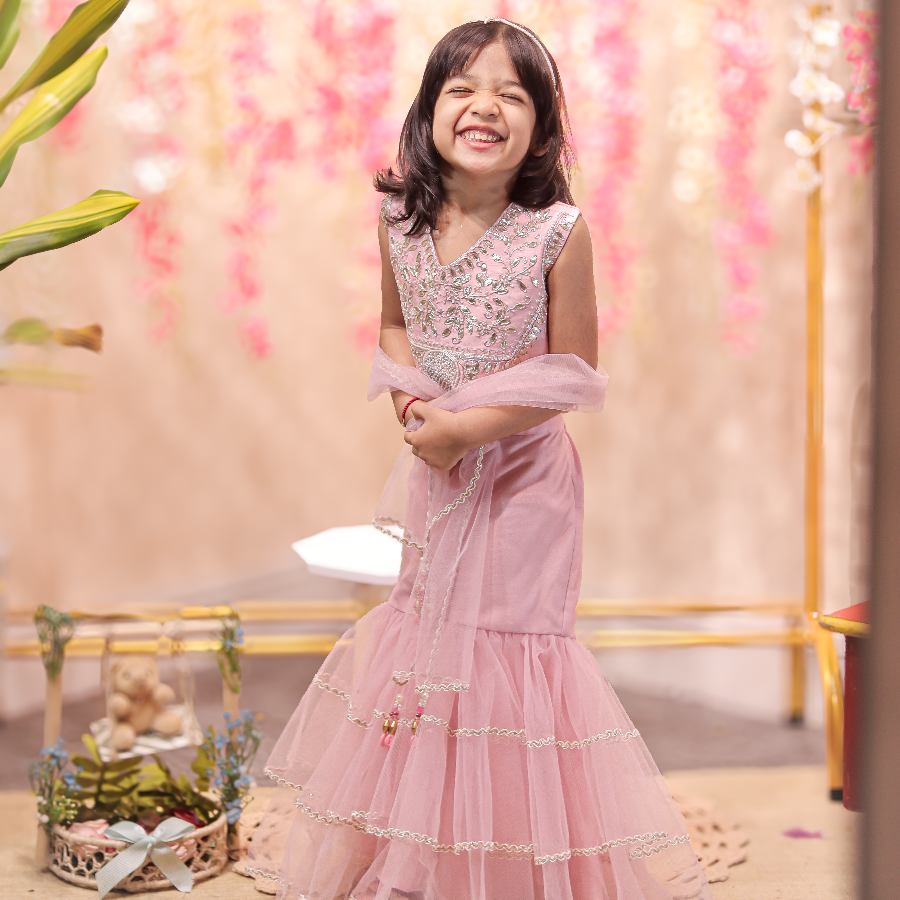 Pink gota embroidery top with sharara and matching dupatta