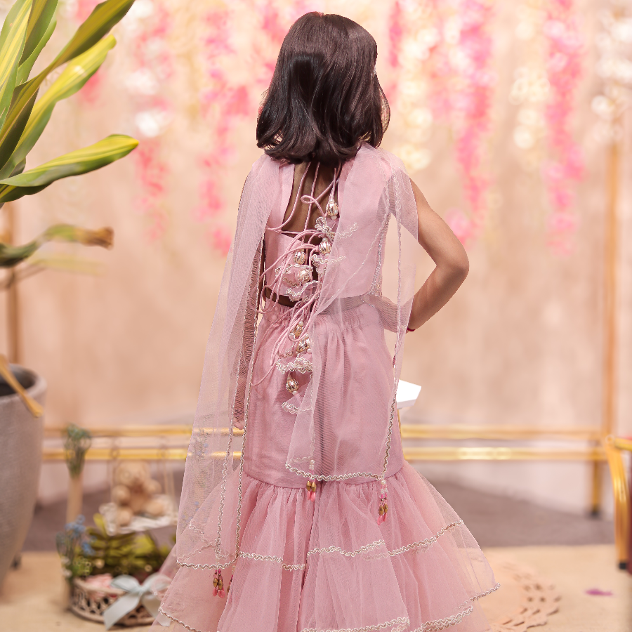 Pink gota embroidery top with sharara and matching dupatta