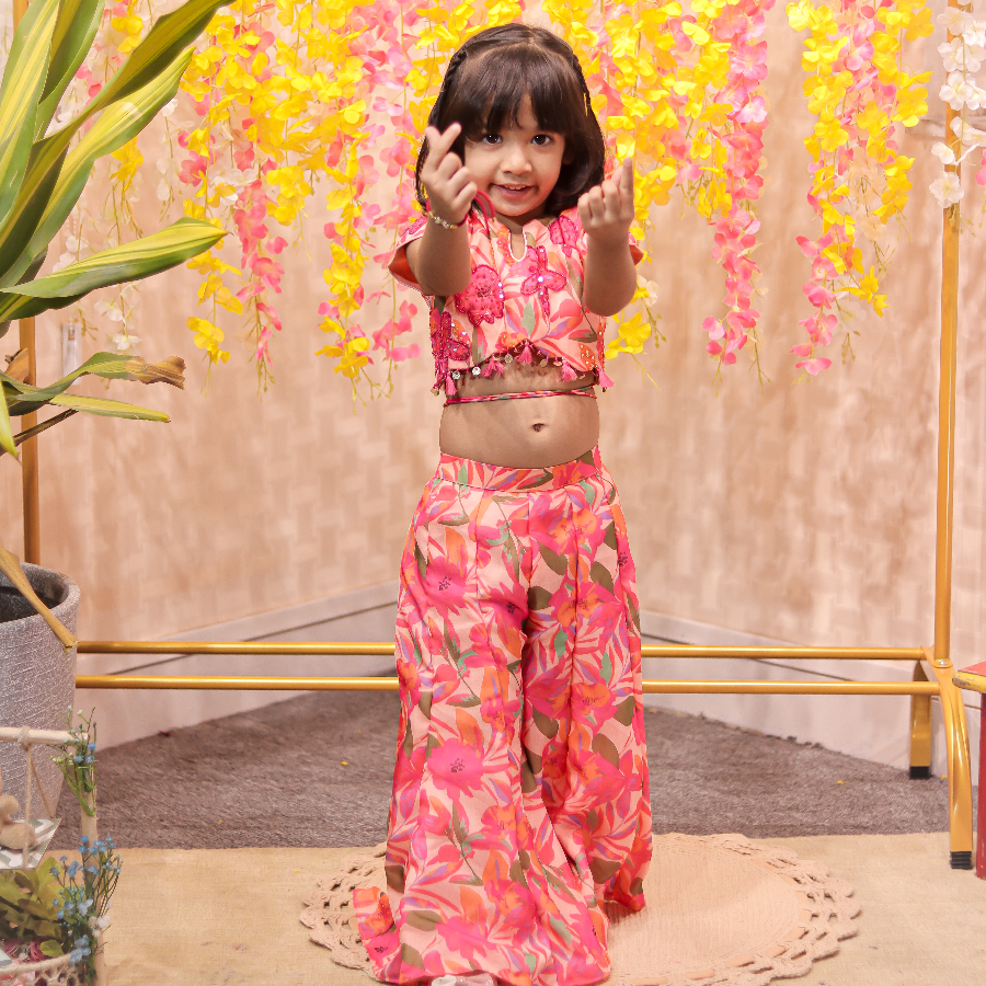 Peach printed embroidered top with matching palazzo