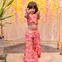 Peach printed embroidered top with matching palazzo