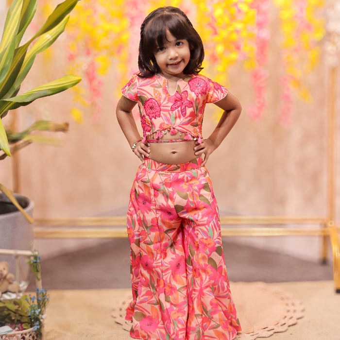 Peach printed embroidered top with matching palazzo