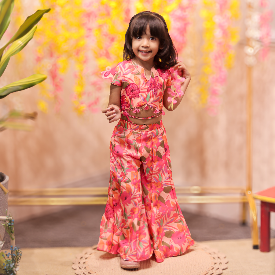 Peach printed embroidered top with matching palazzo