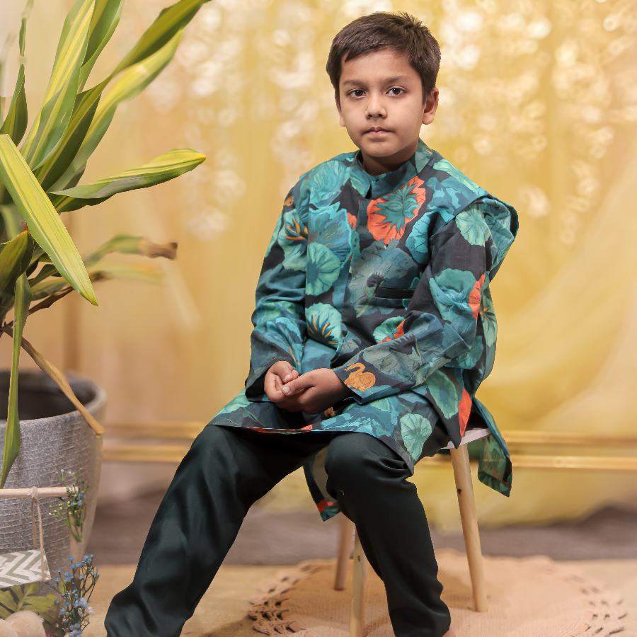 Green printed kurta with jacket pant set