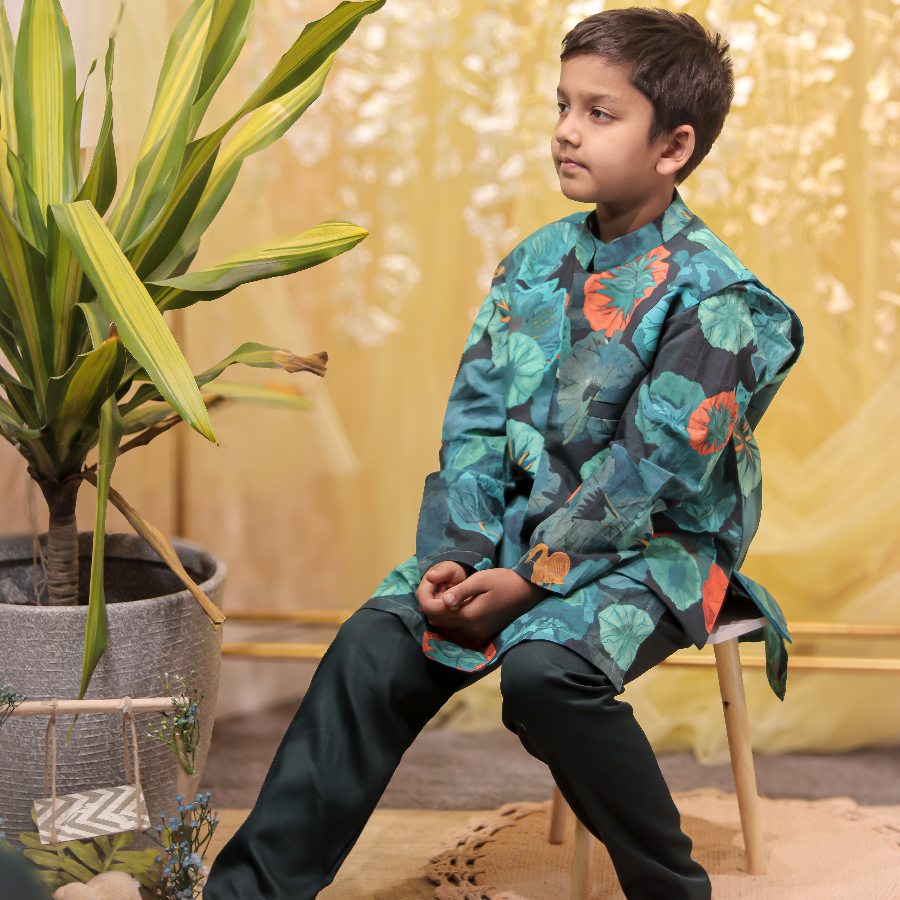 Green printed kurta with jacket pant set