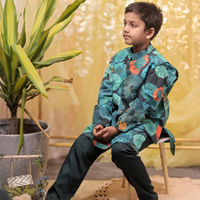 Green printed kurta with jacket pant set