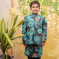 Green printed kurta with jacket pant set