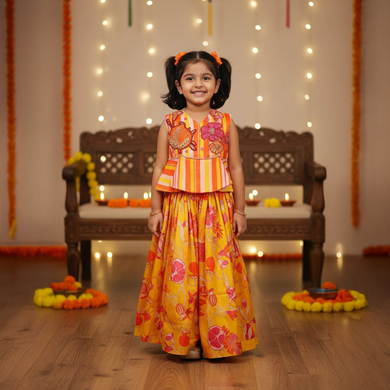 Multicolour Embroidered Peplum Top Lehenga