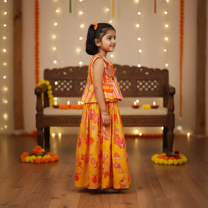 Multicolour Embroidered Peplum Top Lehenga