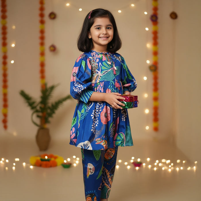 Royal Blue Printed Kurti With Matching Pants