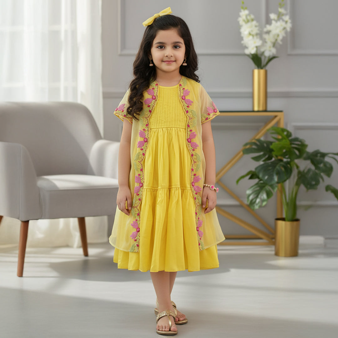 Yellow Gown With Embroidered Open Jacket