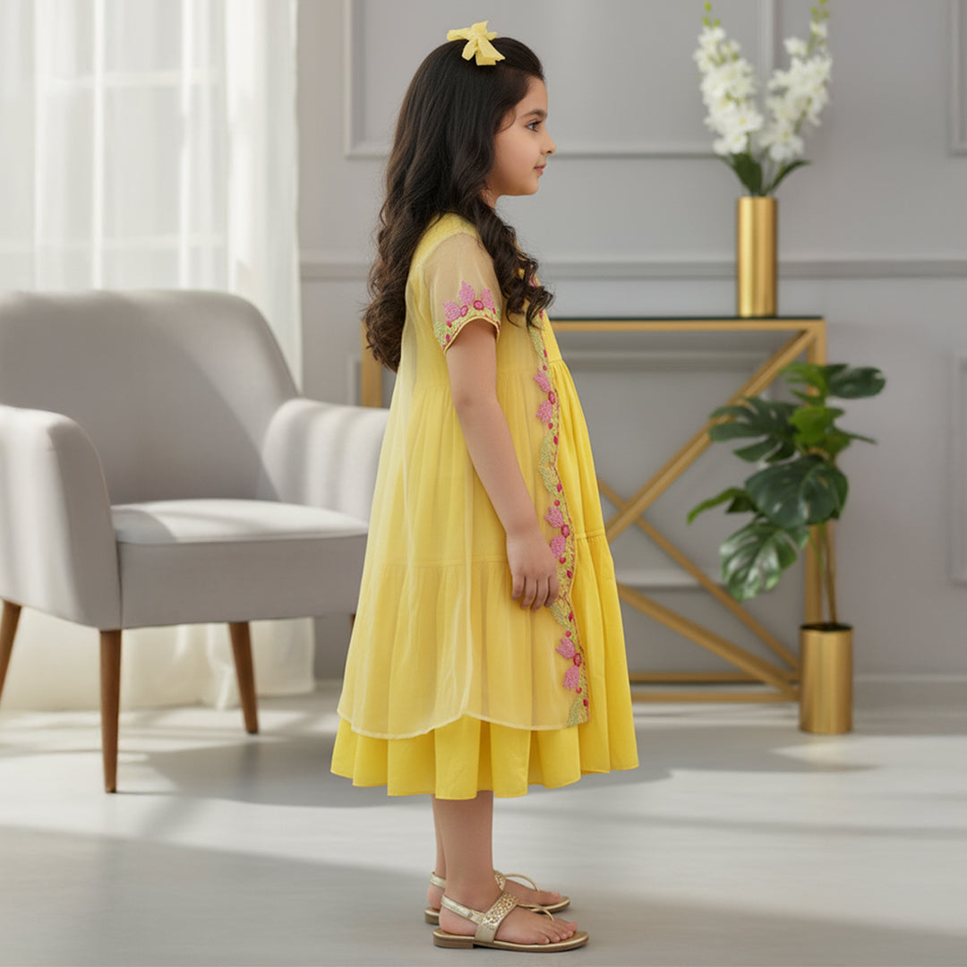 Yellow Gown With Embroidered Open Jacket