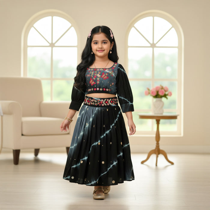 Black Tie-Dye Heavy Embroidered Top Lehenga