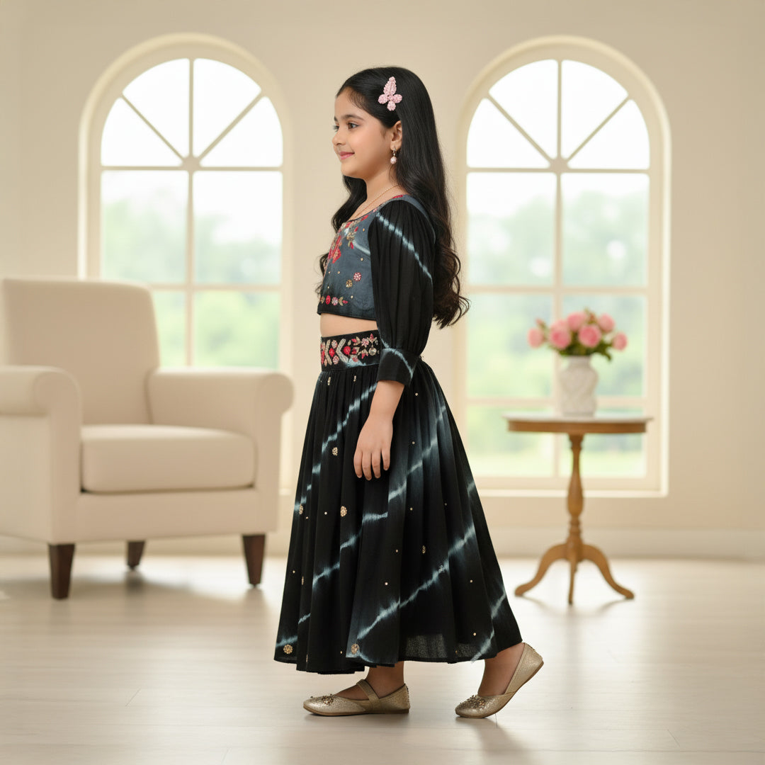 Black Tie-Dye Heavy Embroidered Top Lehenga