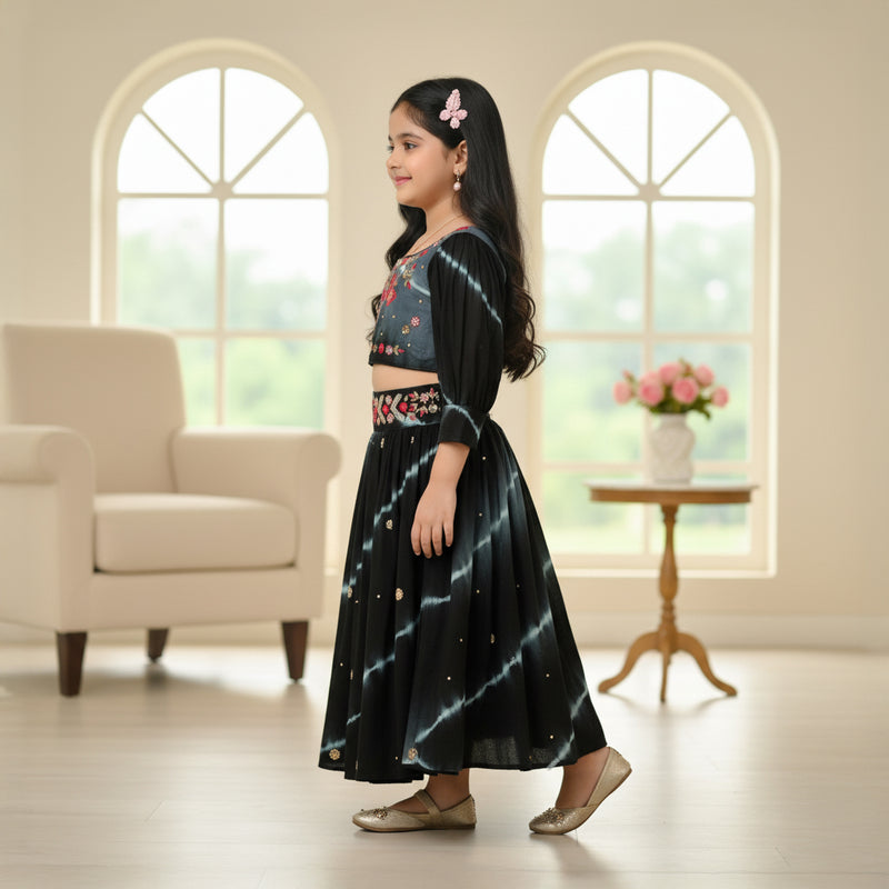 Black Tie-Dye Heavy Embroidered Top Lehenga