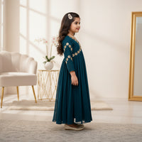 Blue Organza Gown With Flower Lace Embroidery