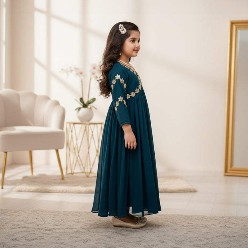 Blue Organza Gown With Flower Lace Embroidery