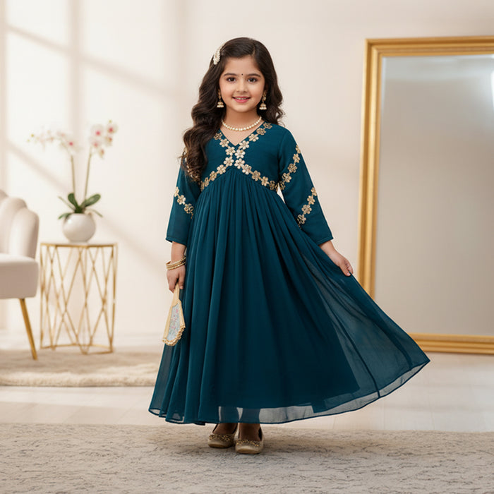 Blue Organza Gown With Flower Lace Embroidery