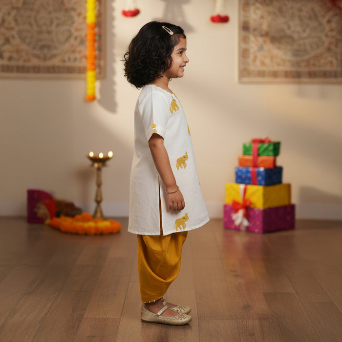 White Elephant Embroidery Kurti With Dhoti