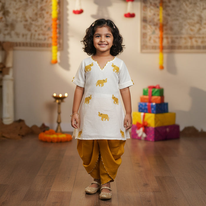White Elephant Embroidery Kurti With Dhoti