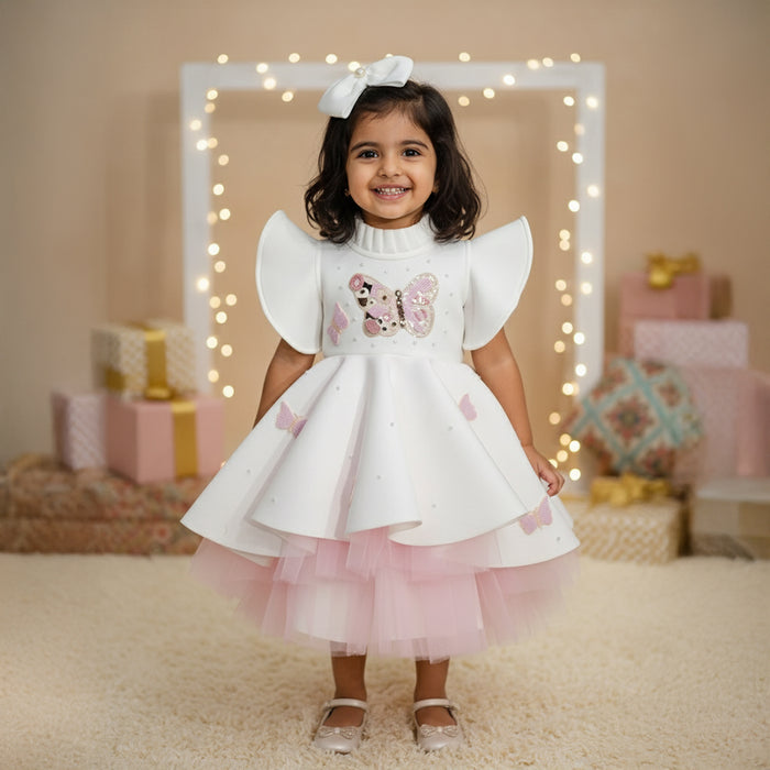 White High-Low Pattern Frock With Beautiful Butterfly and Pearls