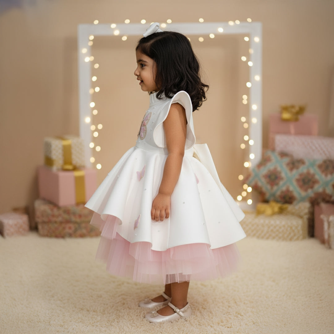 White High-Low Pattern Frock With Beautiful Butterfly and Pearls
