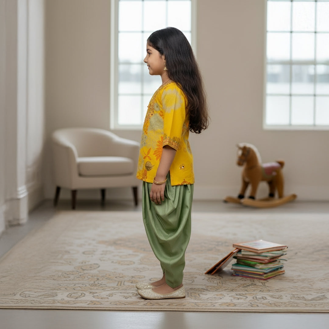 Printed Yellow Embroidered Kurti With Dhoti Pants