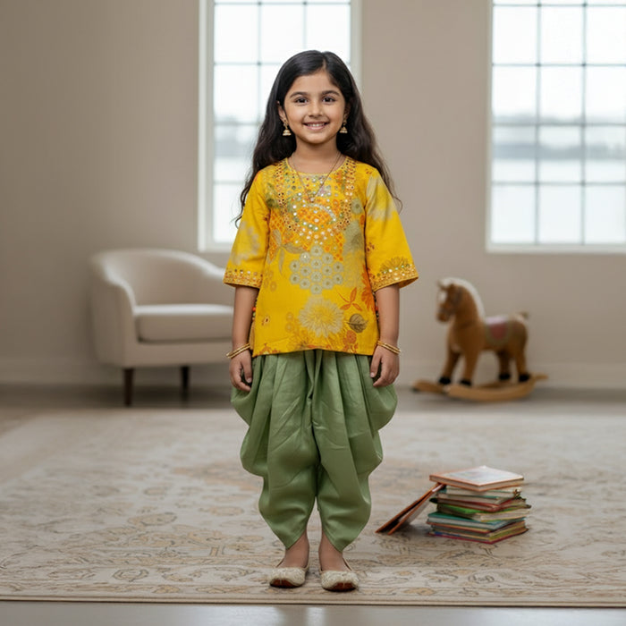 Printed Yellow Embroidered Kurti With Dhoti Pants