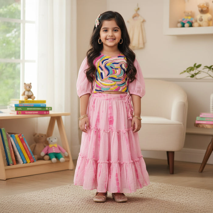 Pink Embroidered Top Tie Dye Lehenga