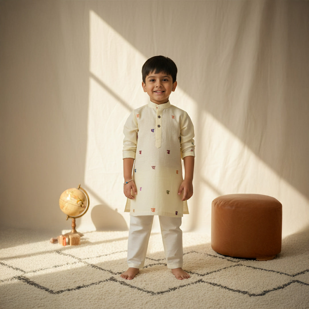 Alphabets Embroidered Off White Kurta Pant Set