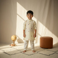 Alphabets Embroidered Off White Kurta Pant Set