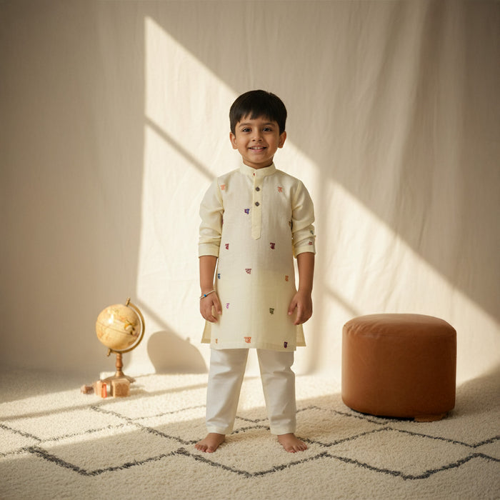 Alphabets Embroidered Off White Kurta Pant Set