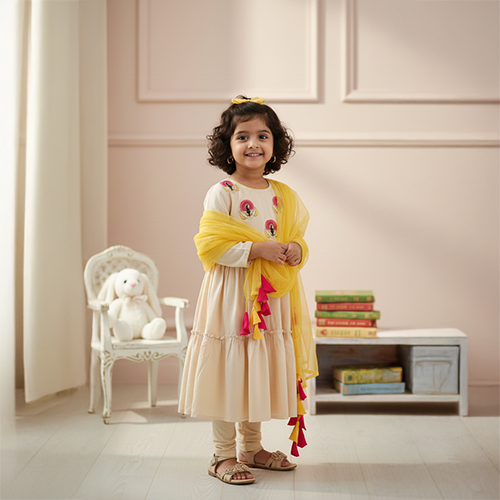 Beige Peacock Embroidered Anarkali With Dupatta Set