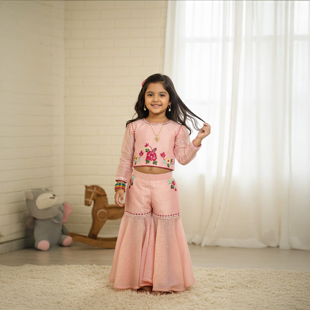 Pink Floral Embroidered Top With Embroidered Pants