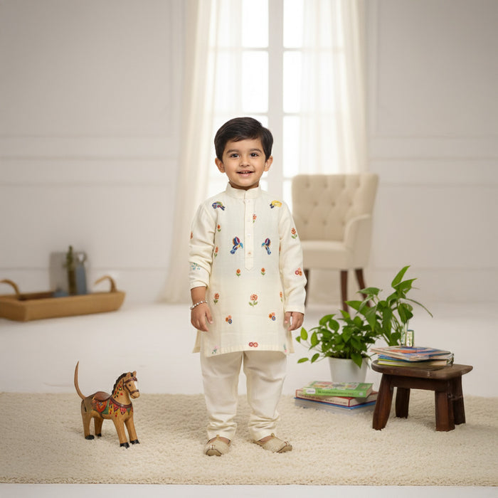 Floral Thread Embroidered off White Kurta Pant Set