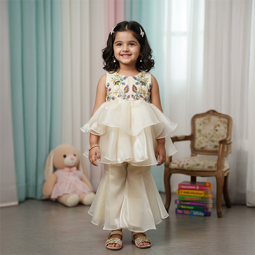 Off White Peplum Style Embroidered Kurti With Fish Cut Palazzo