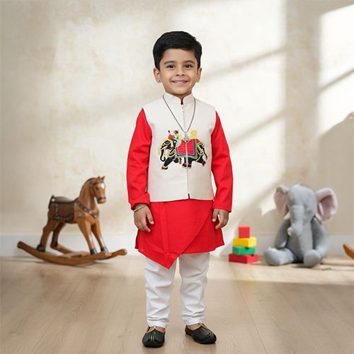 Red Asymmetrical Kurta with White Embroidered Jacket with Pyjama Set