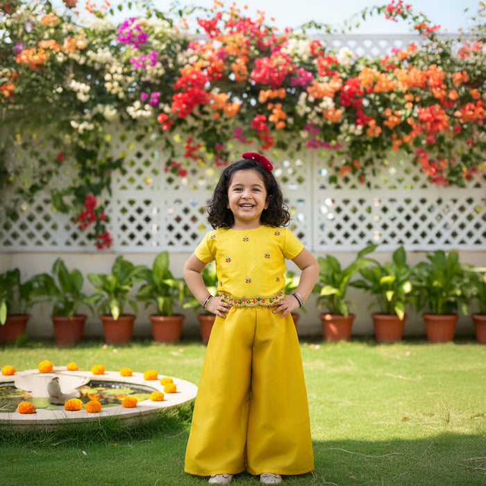 Yellow Embroidered Crop Top with Flared Pant